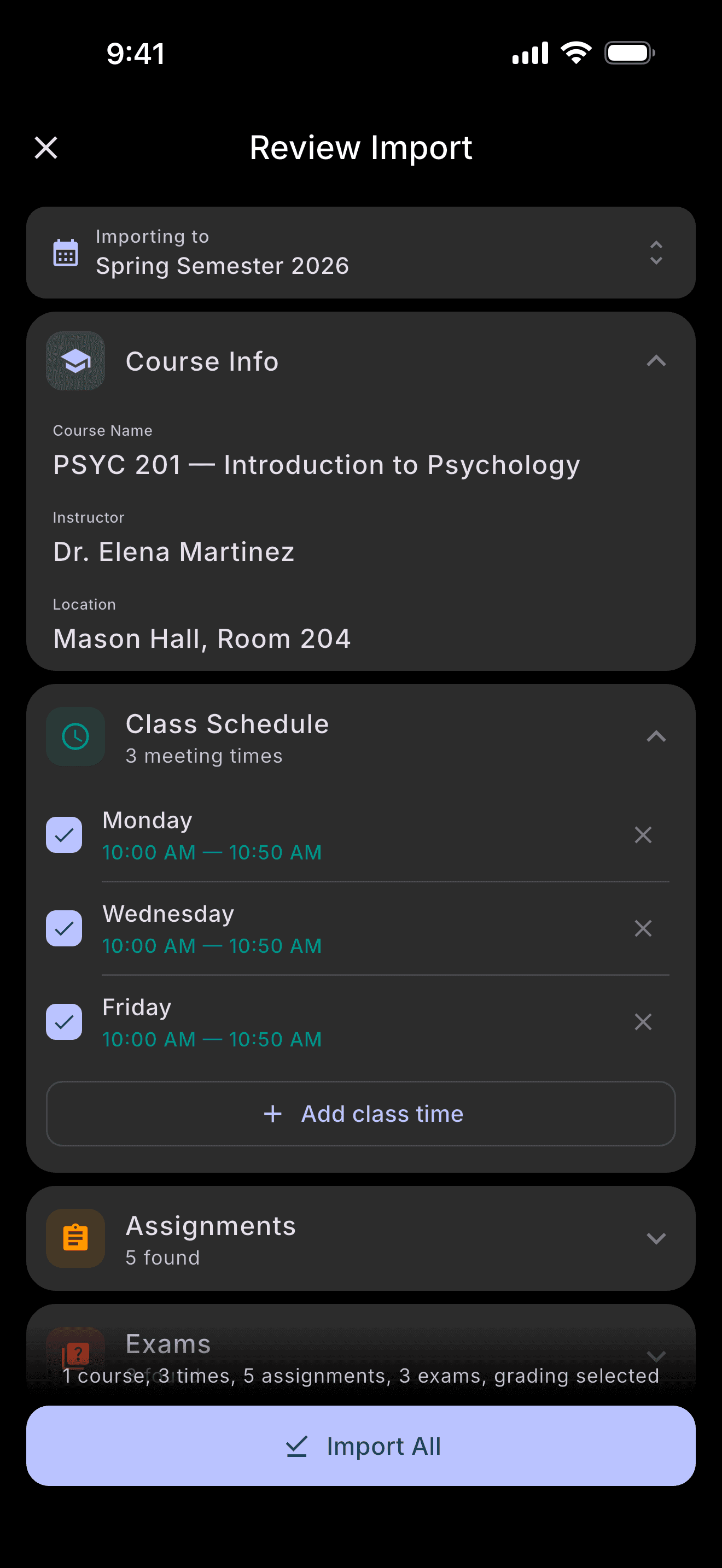 AI syllabus import review screen
