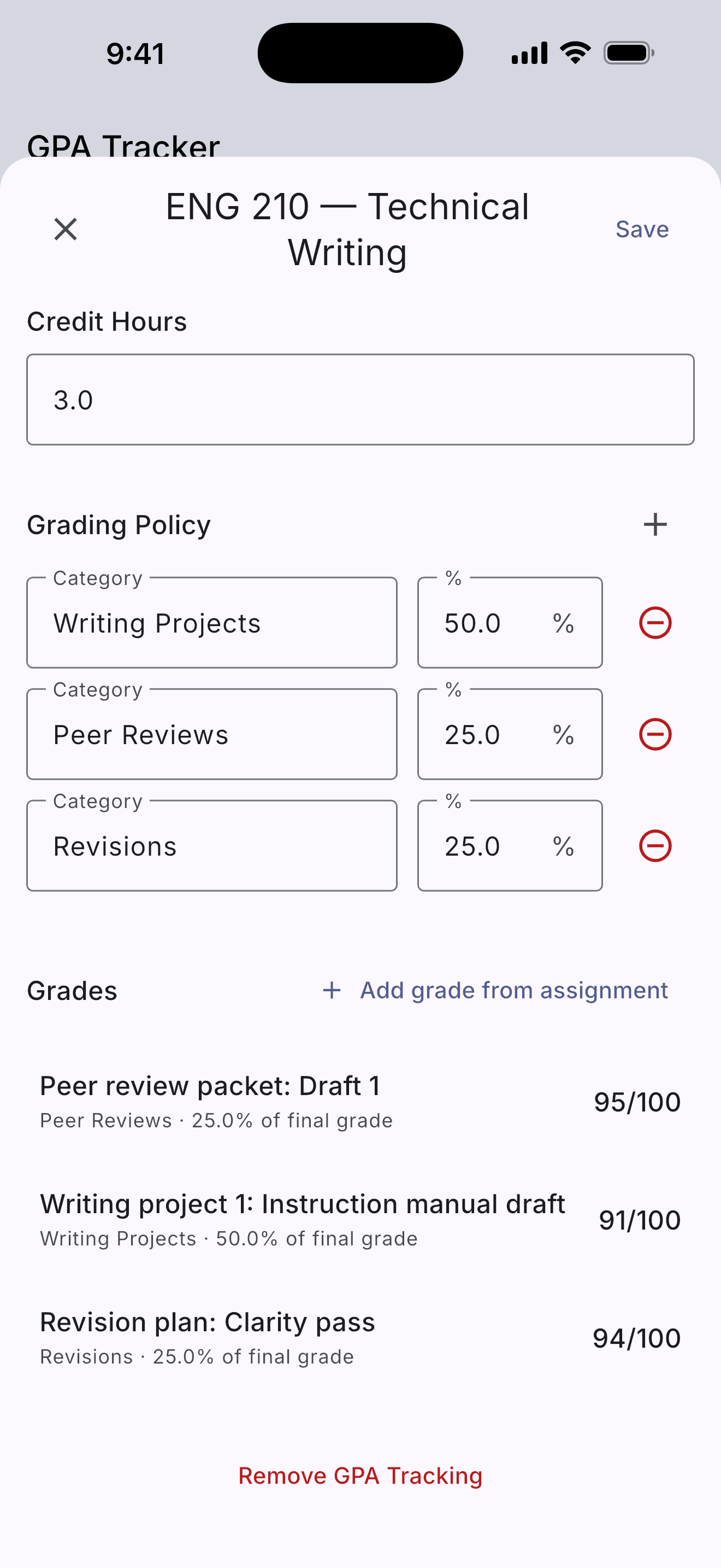 Course detail showing weighted grade categories