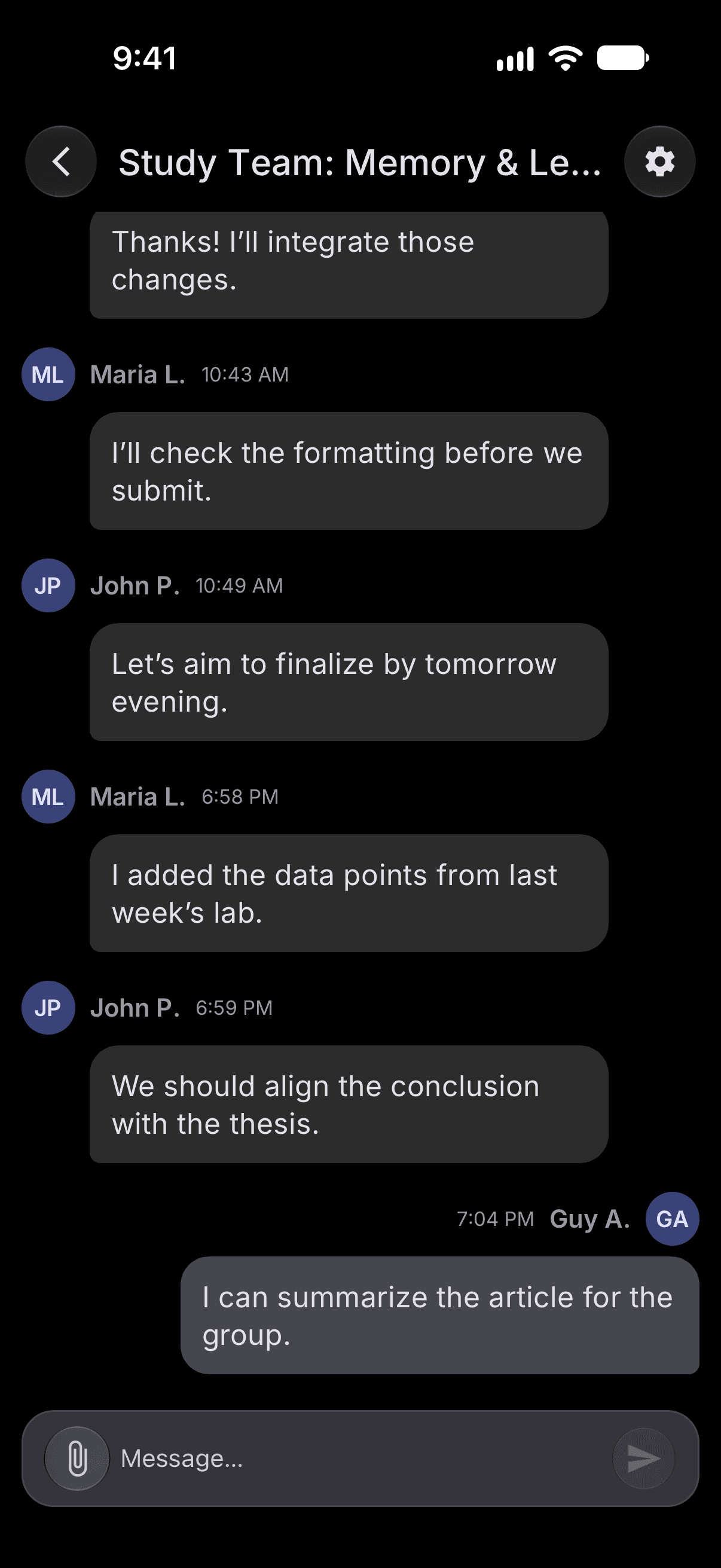 A group chat for a psychology study team