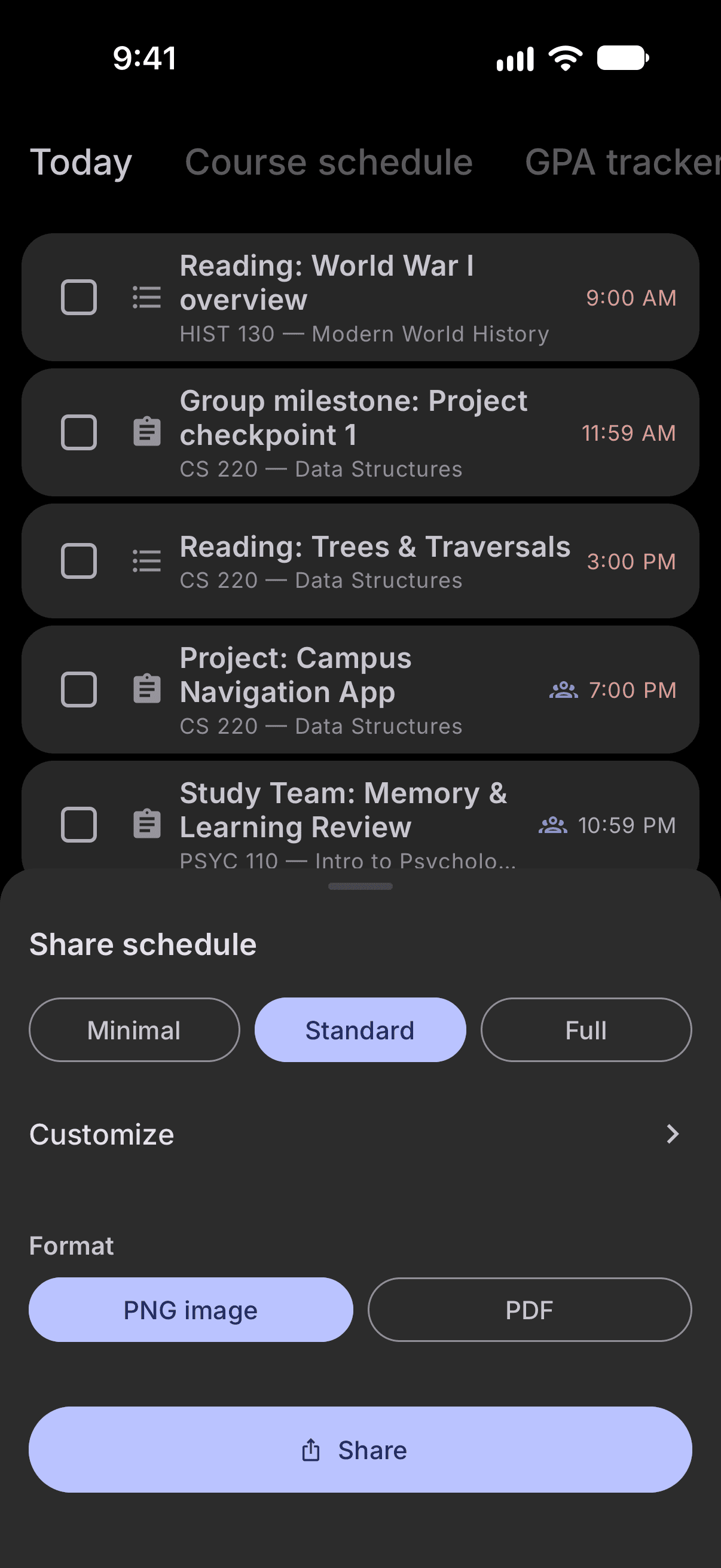 Sharing the weekly schedule as a PNG image or PDF