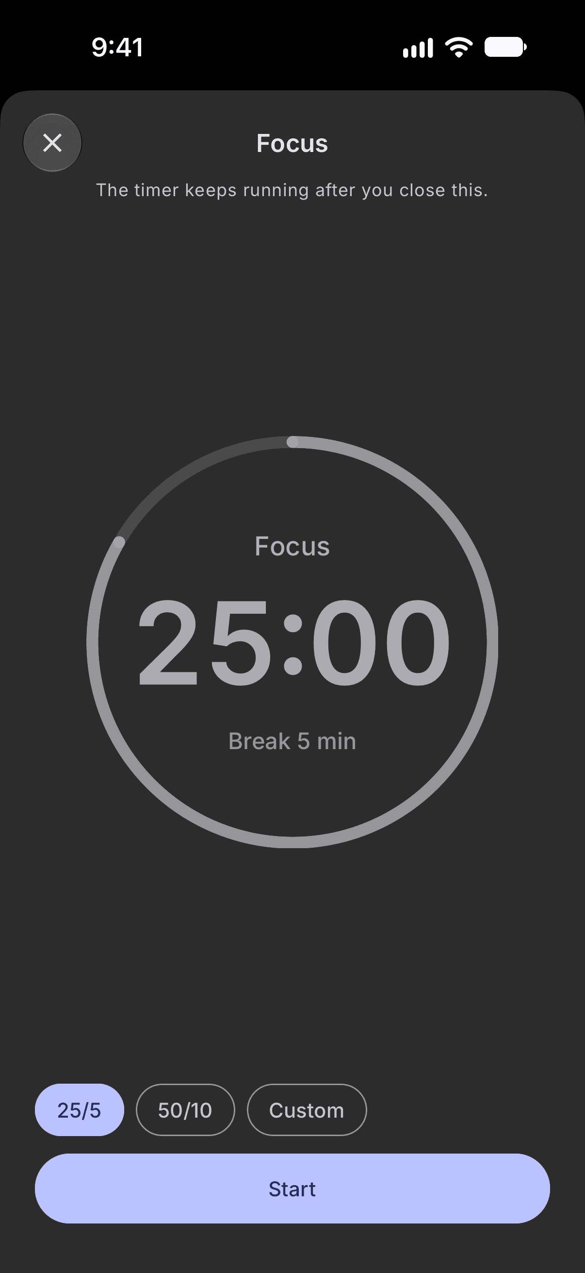 The focus timer set to 25 minutes with a 5 minute break