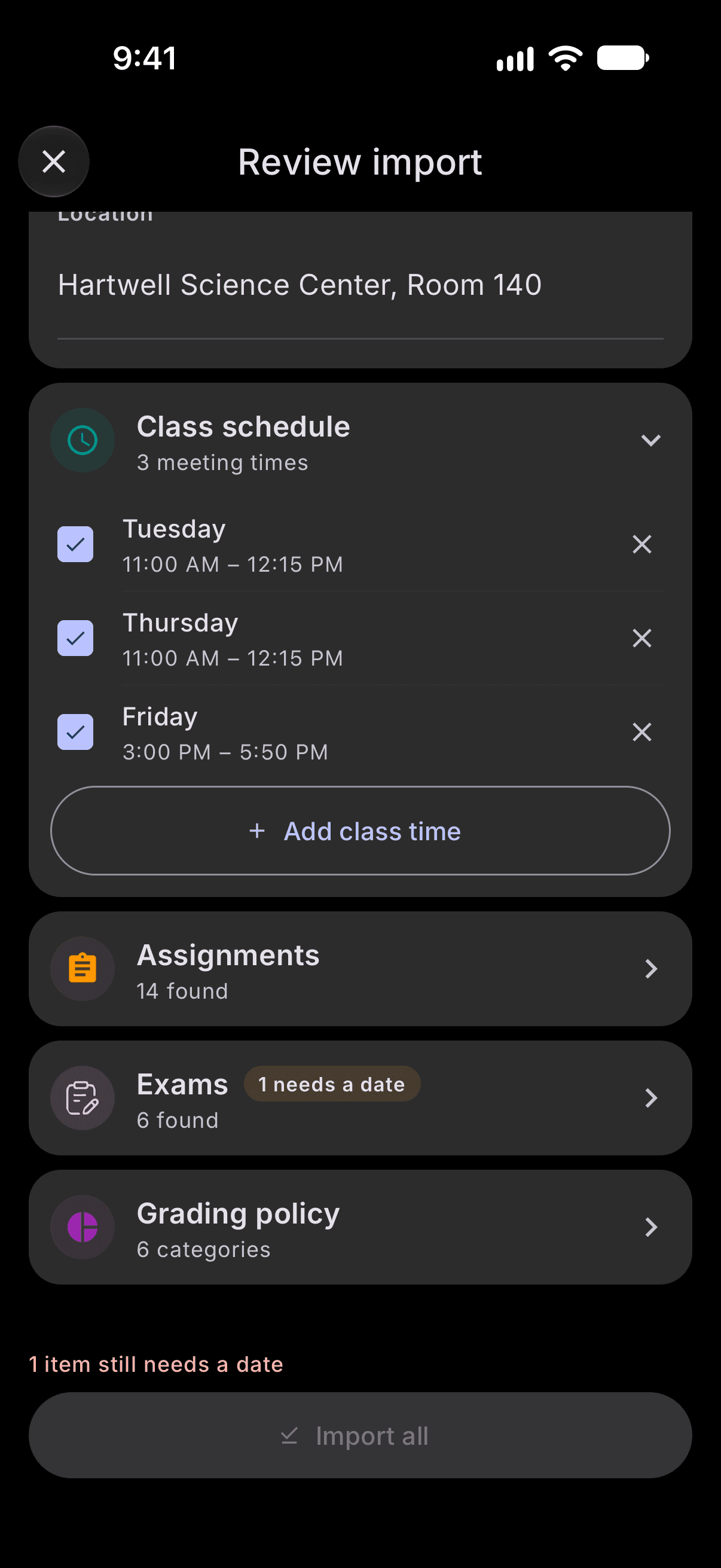 Reviewing an imported syllabus: class times, 14 assignments, 6 exams and the grading policy