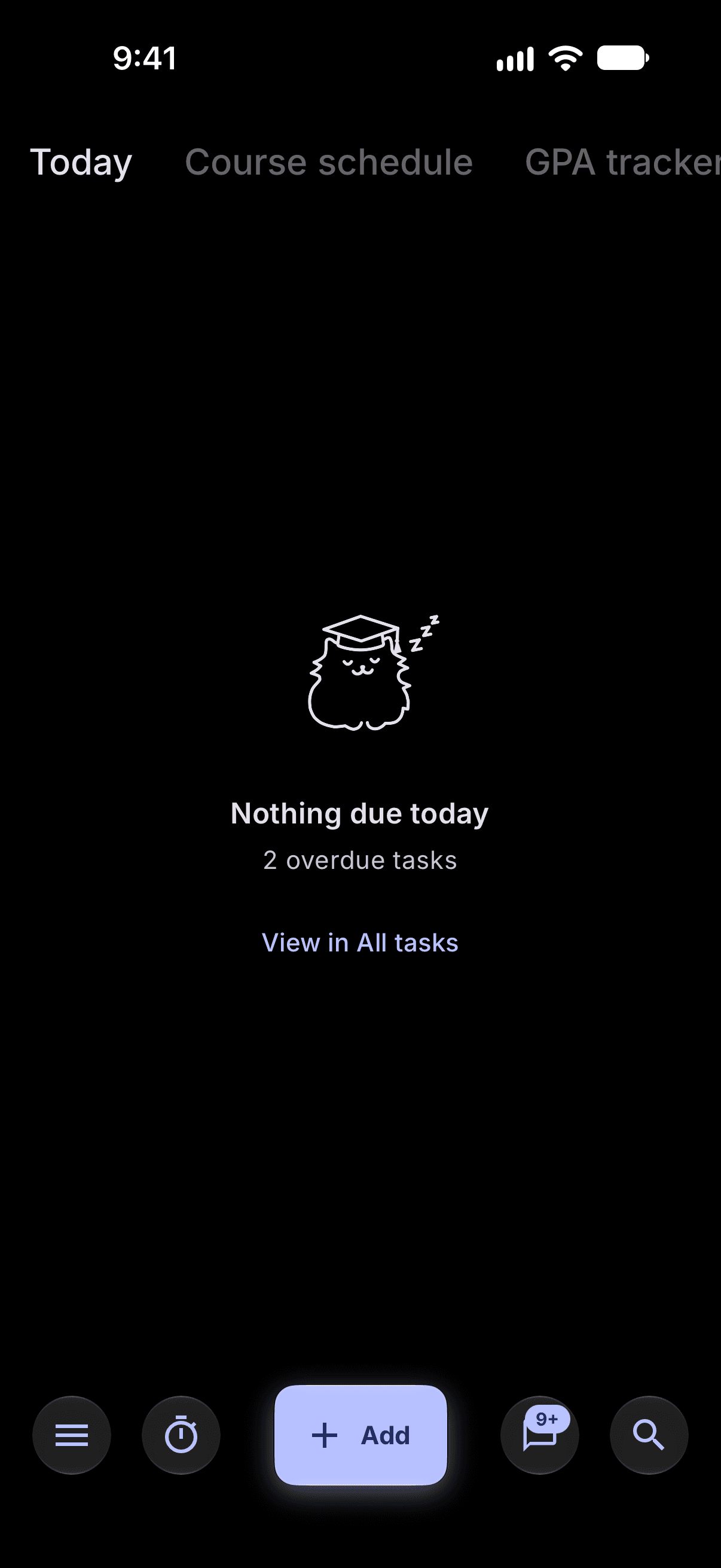 An empty Today list with Stu asleep and the note: nothing due today
