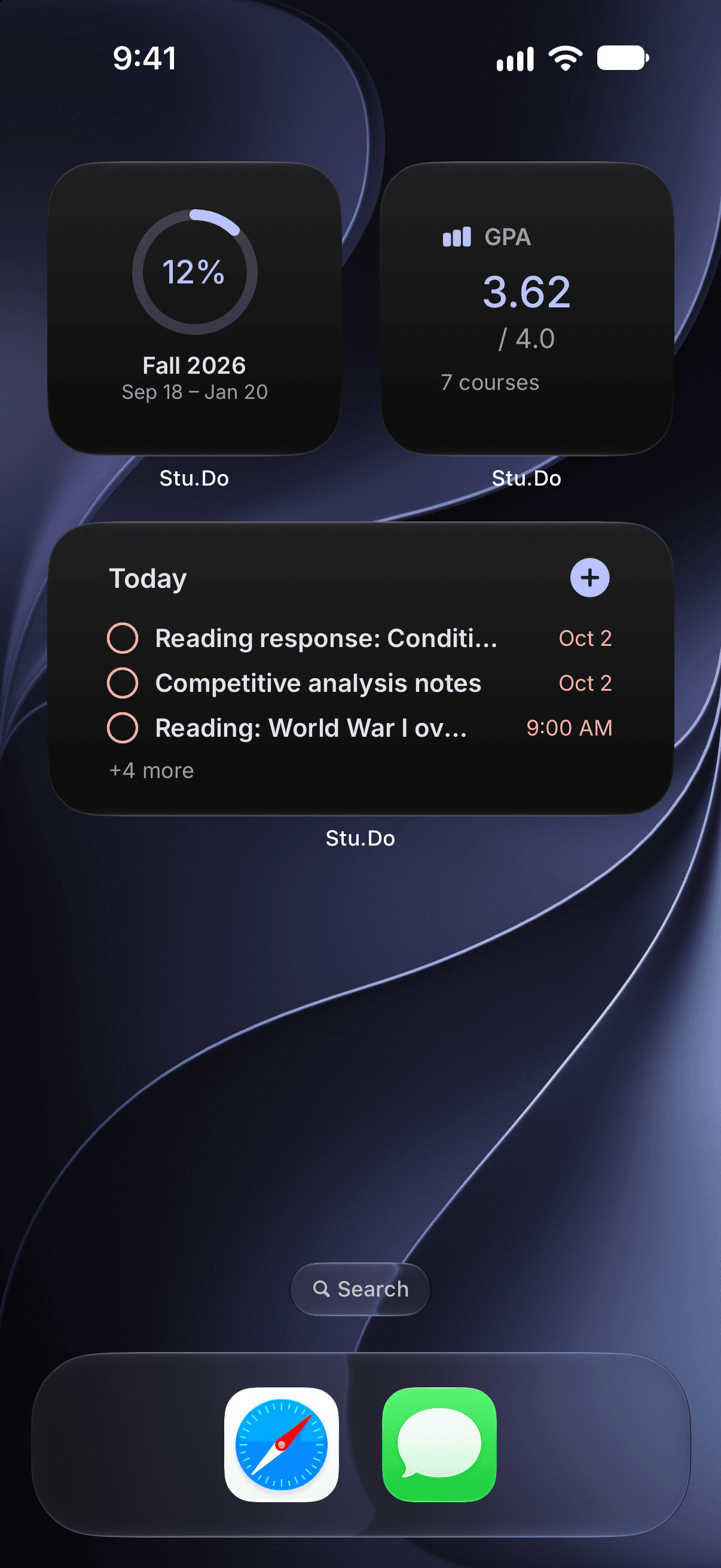 Stu.Do widgets on the home screen: semester progress, GPA and tasks due