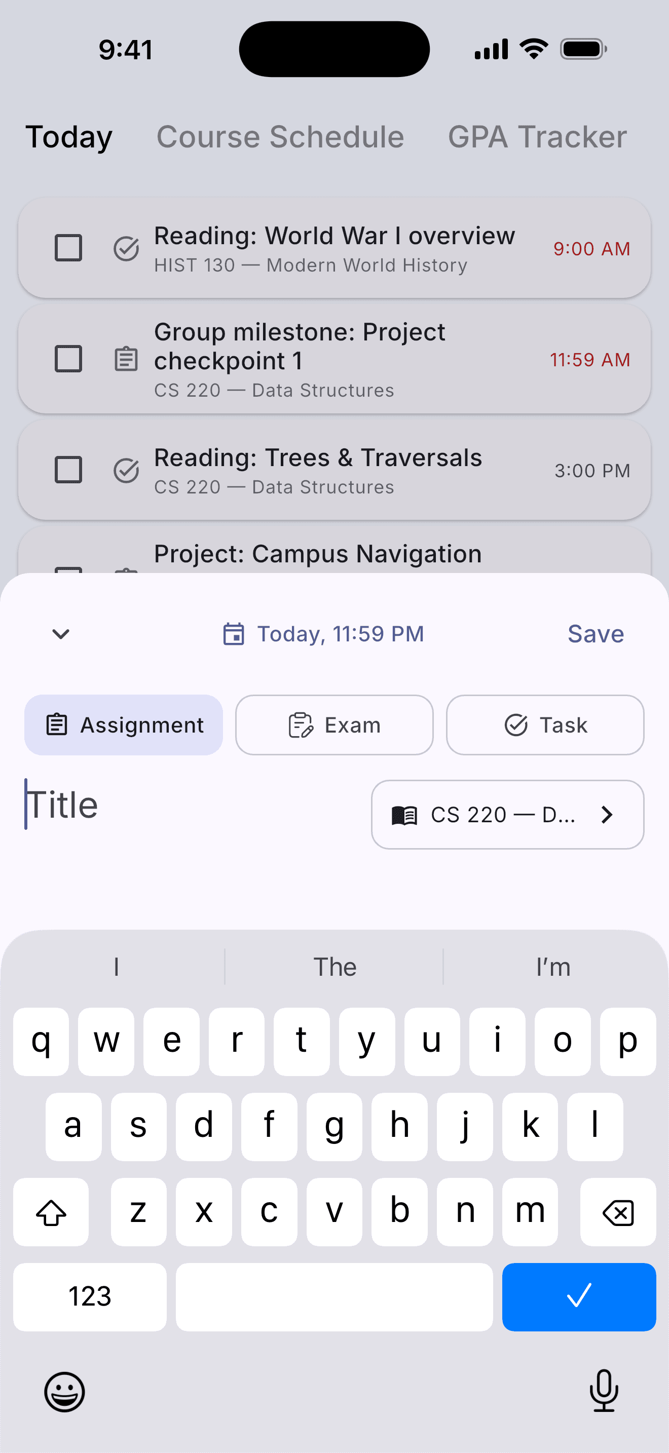 Add task sheet with course picker