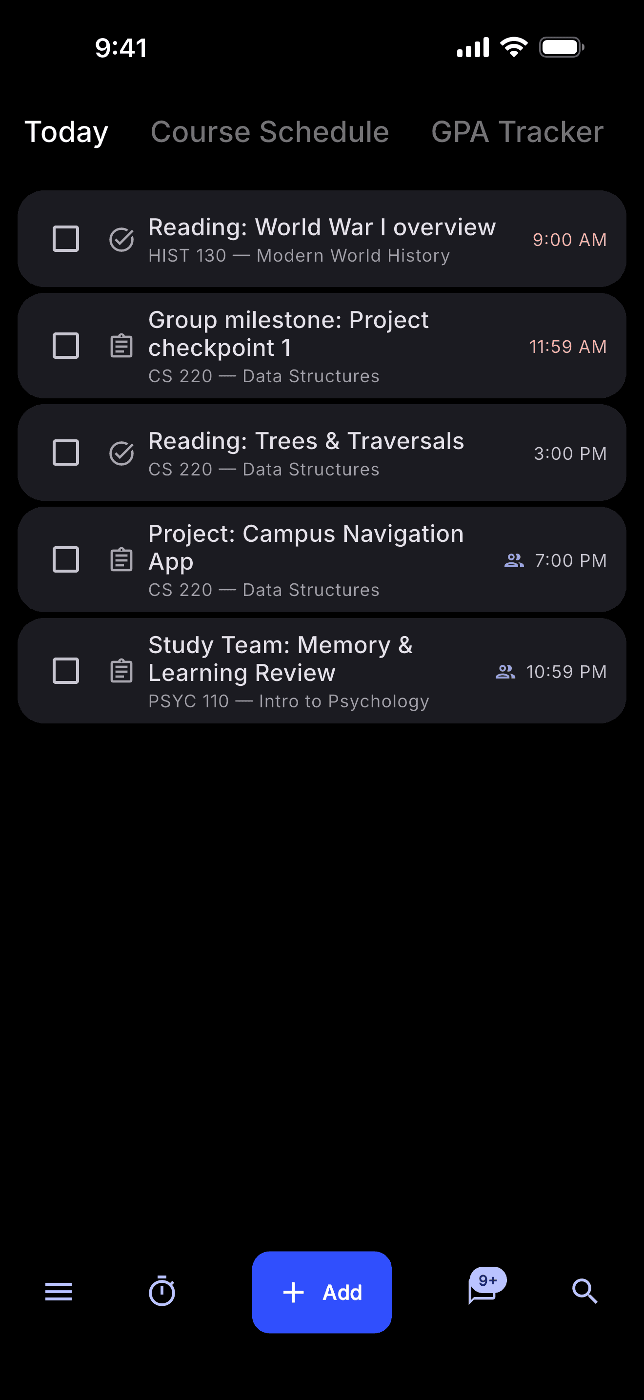 Today's tasks in Stu.Do dark mode