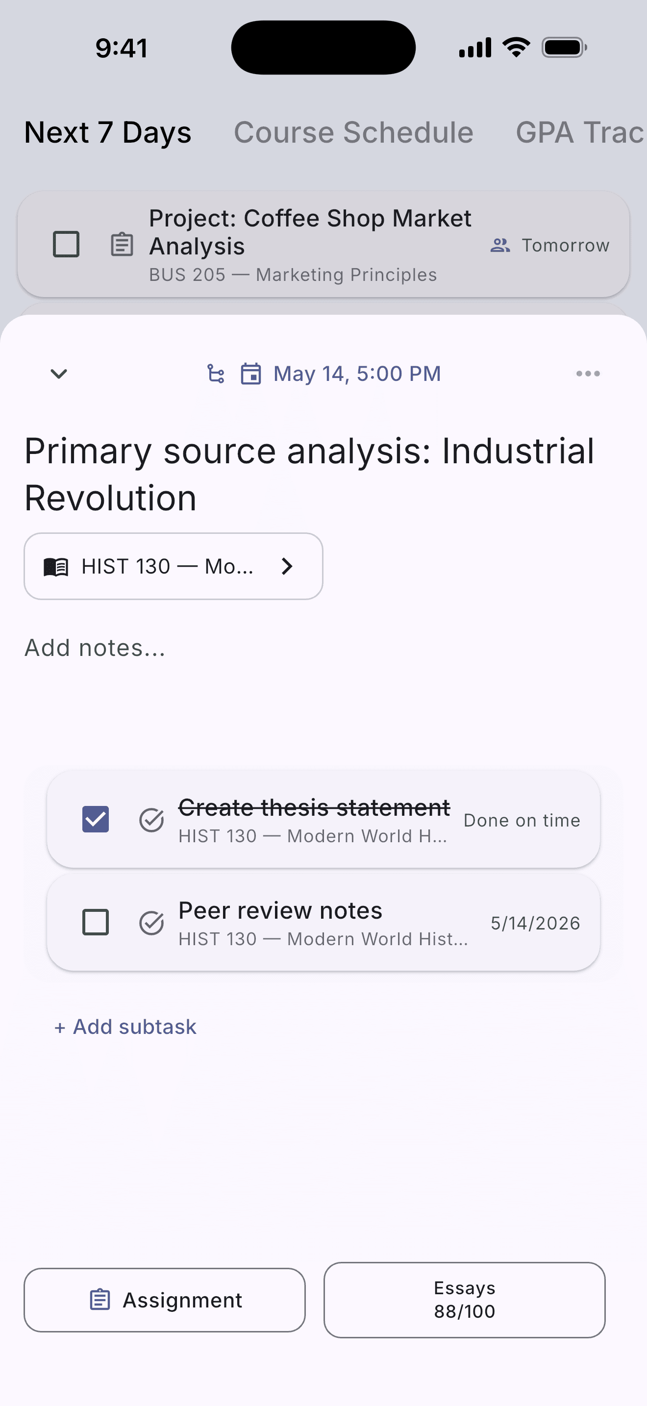 Assignment detail with subtasks and grade entry